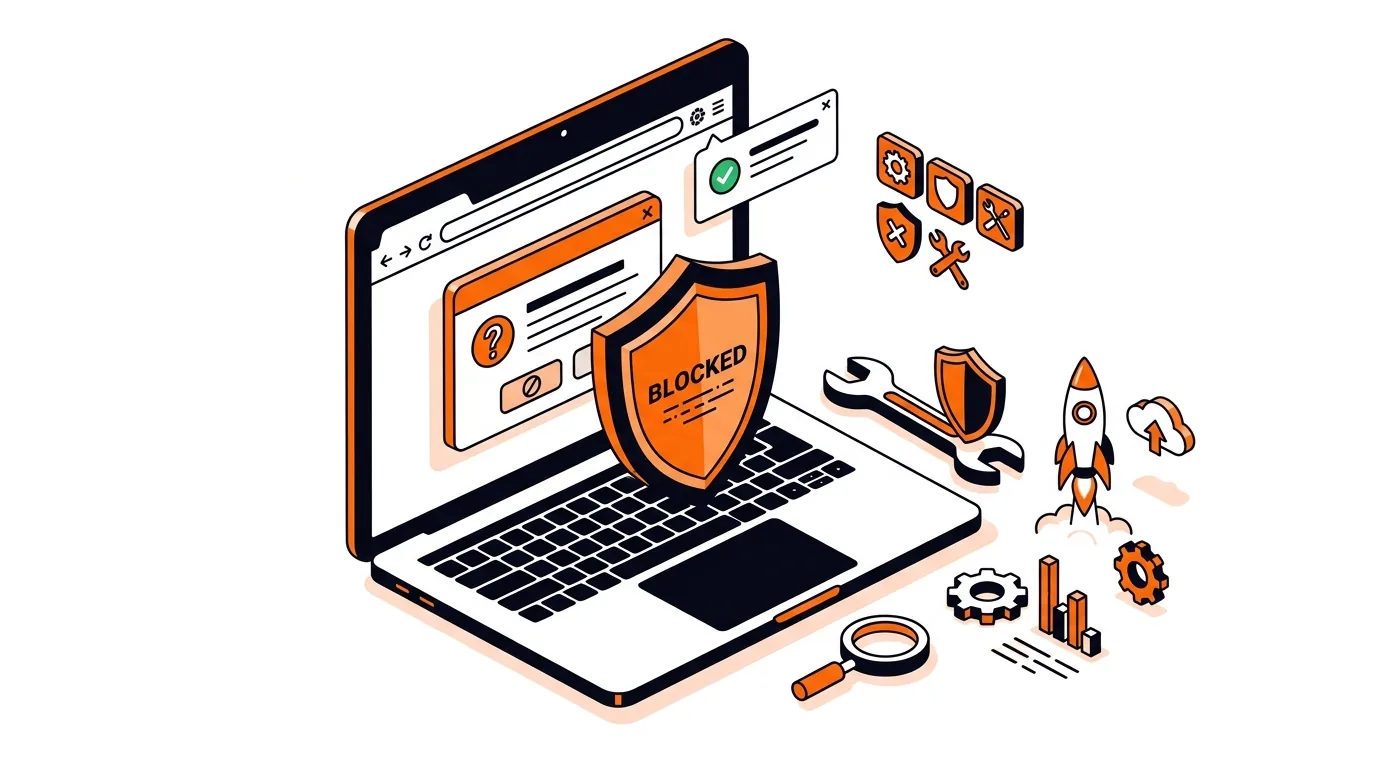 Laptop browser with scam pop-up blocked and security tools shown nearby