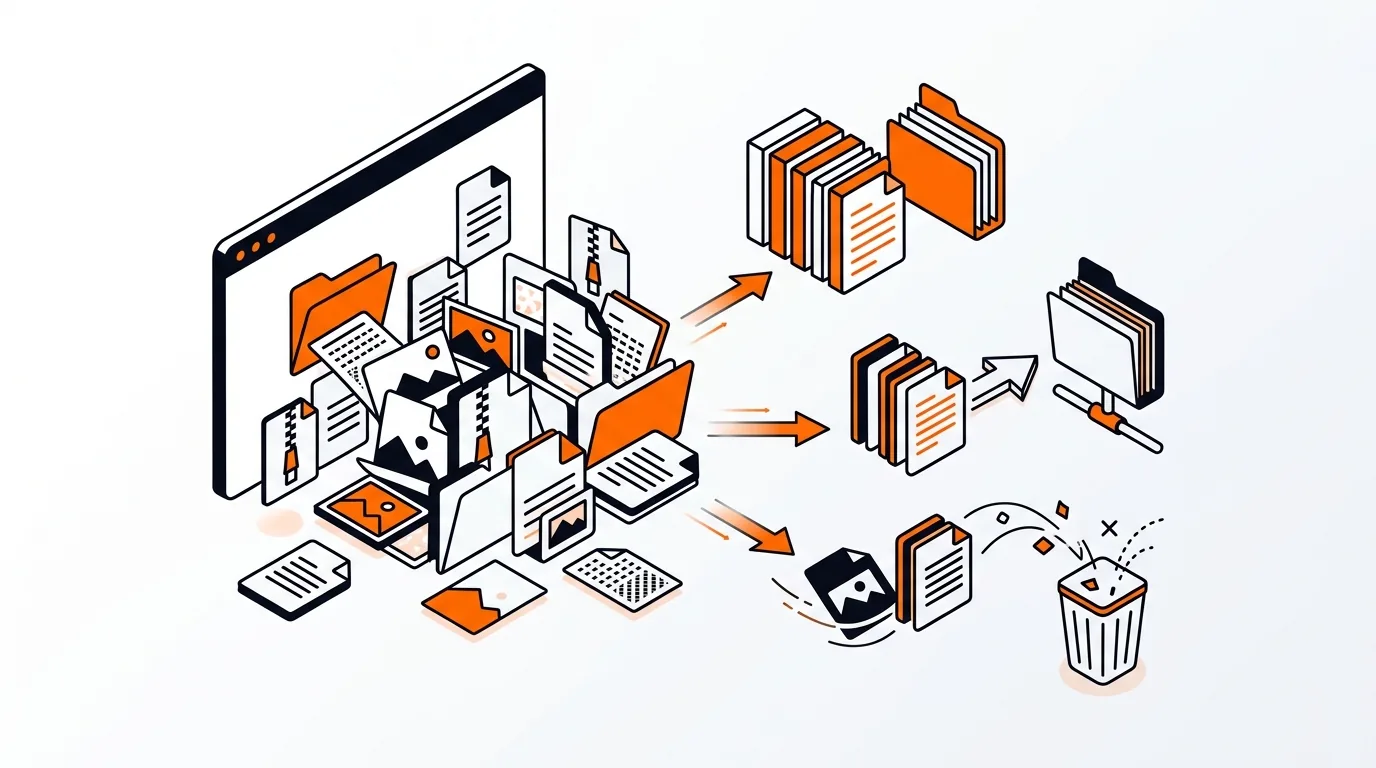 Isometric computer folders sorting downloaded files into keep, move, and delete piles