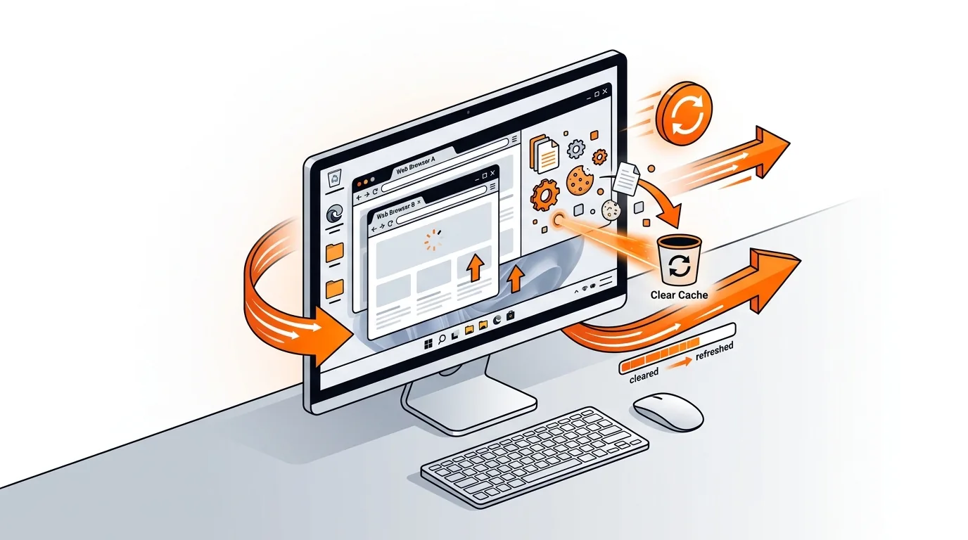 Isometric computer screen showing browser cache cleanup and refreshed web pages