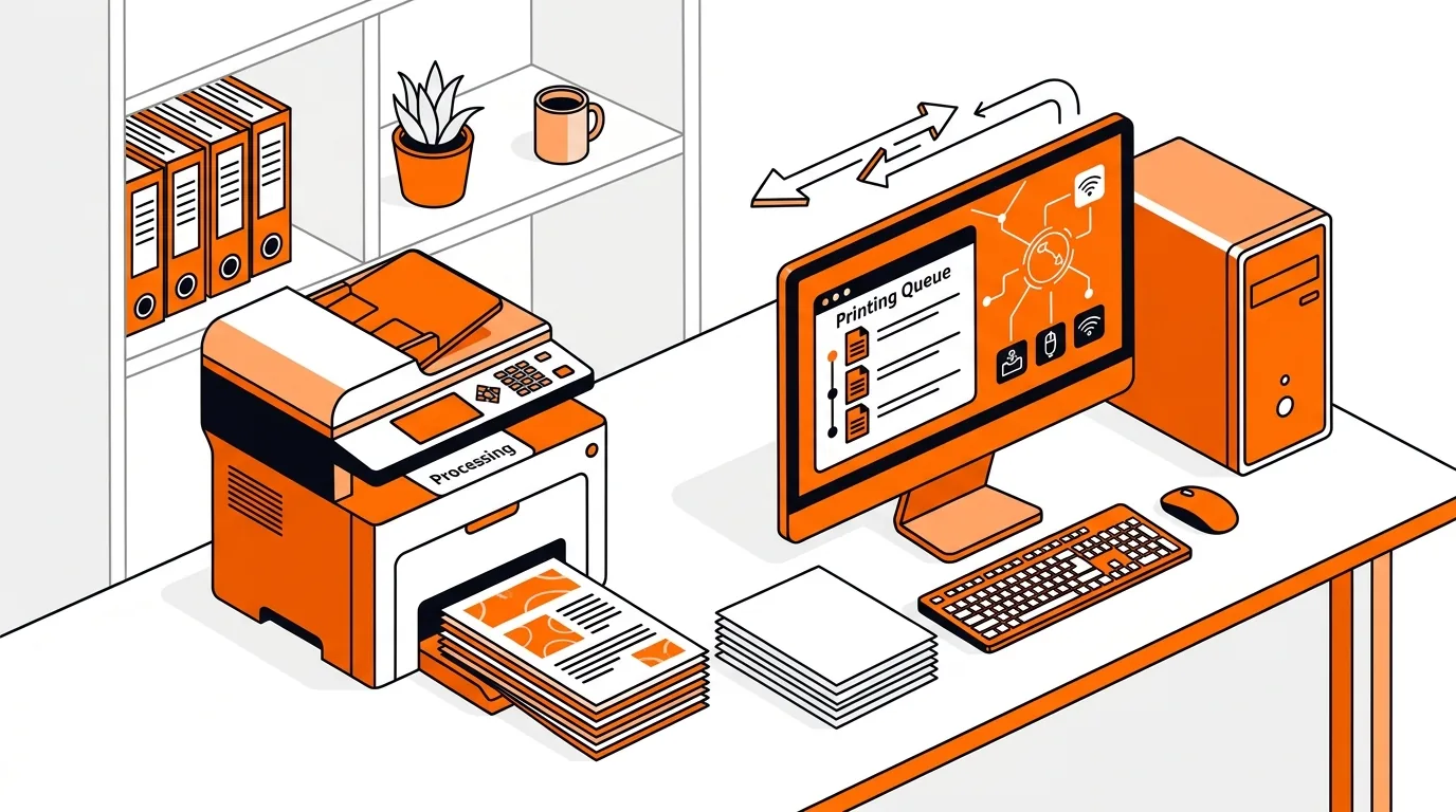 Isometric computer and printer with blocked print jobs being cleared from a queue