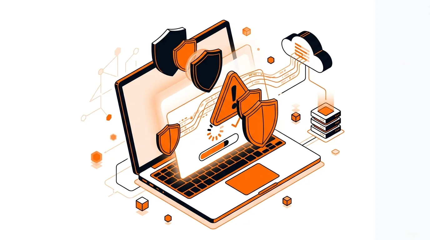 Isometric laptop with overlapping security shields and a resolved antivirus conflict alert