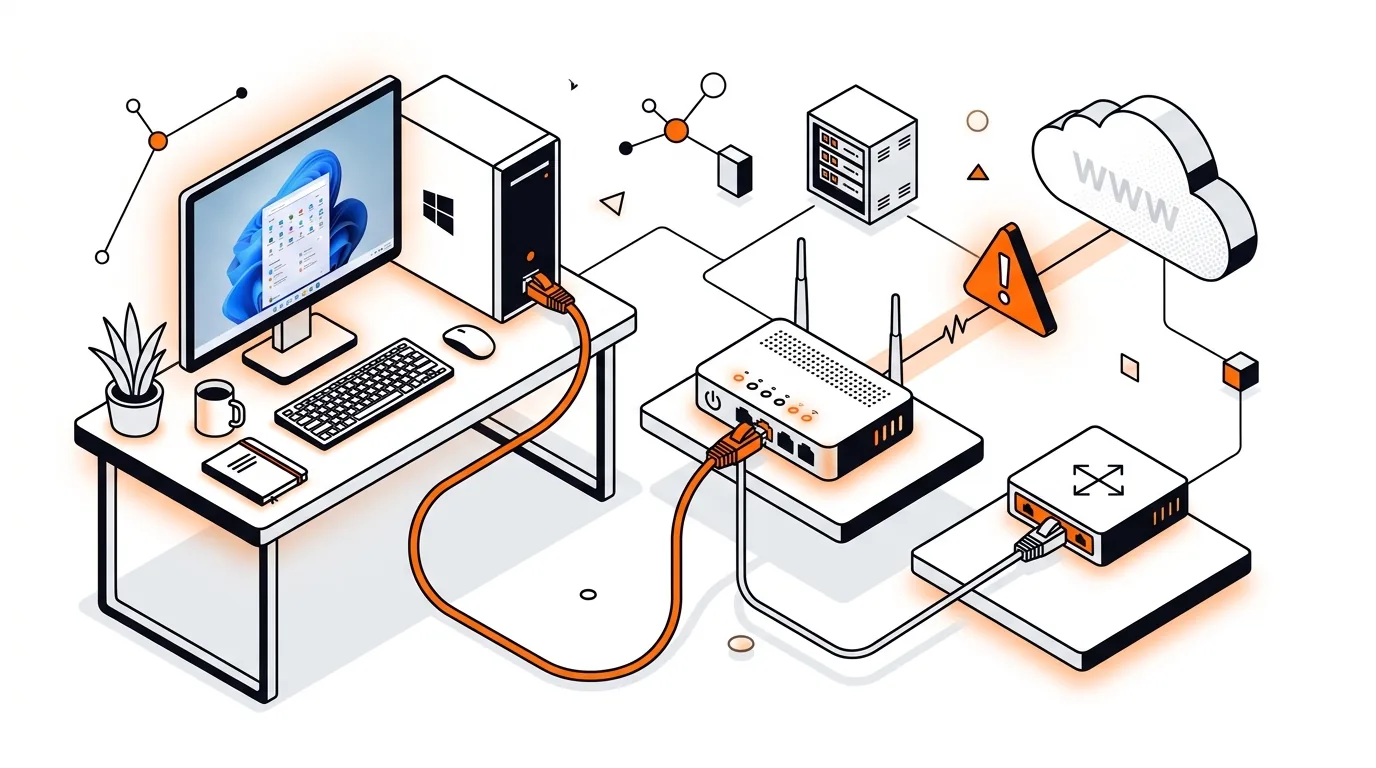 Isometric desktop PC connected by Ethernet to a router with an internet warning icon