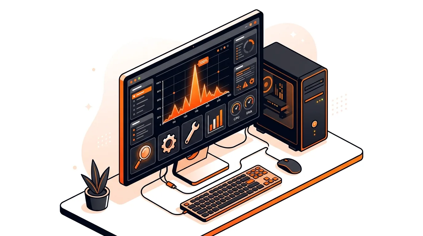 Isometric computer dashboard with high hard drive activity and troubleshooting tools