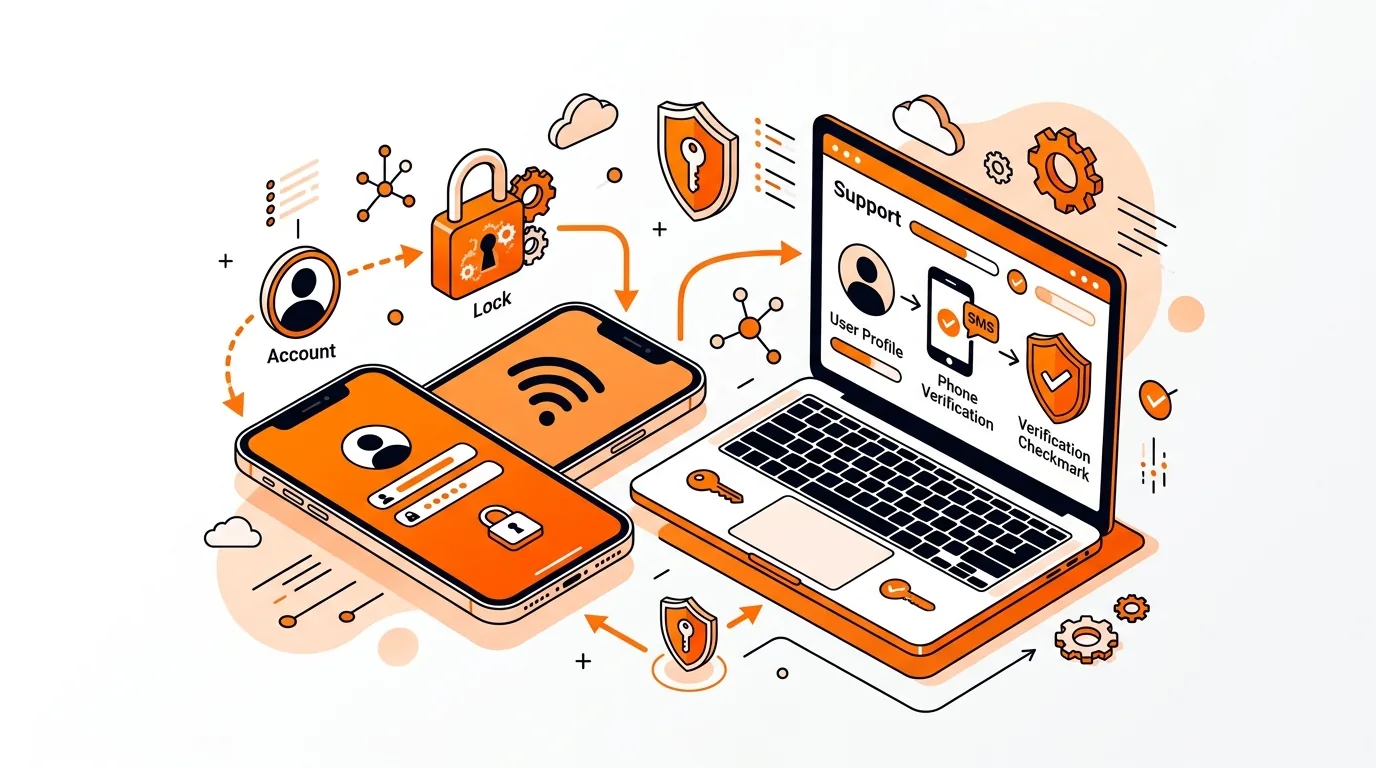 Isometric phone and laptop with account recovery and verification icons