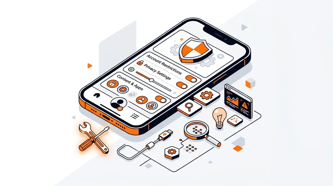 Isometric iPhone settings illustration with account restriction controls and support tools
