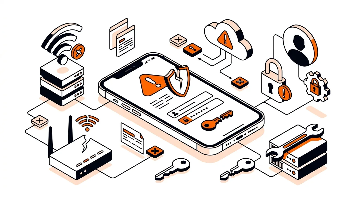 Isometric iPhone with account error icon, Wi-Fi symbol, and security elements