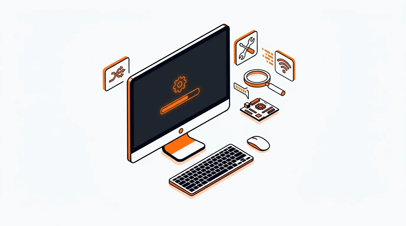 Isometric computer monitor with dark startup screen and diagnostic tools