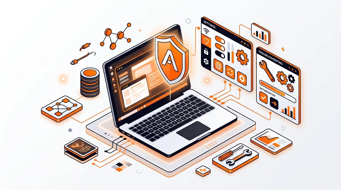Isometric laptop with shield icon and troubleshooting panels