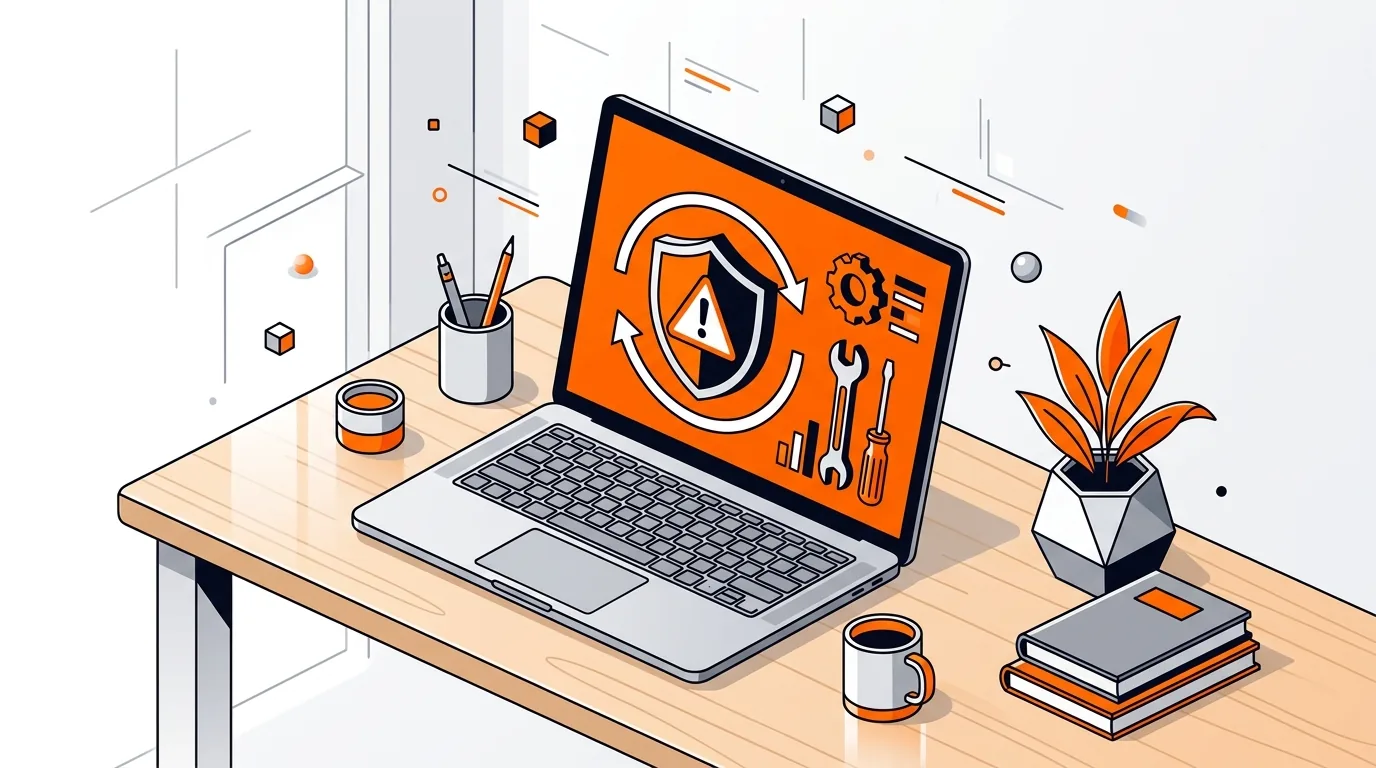 Isometric laptop with shield warning icon and update tools