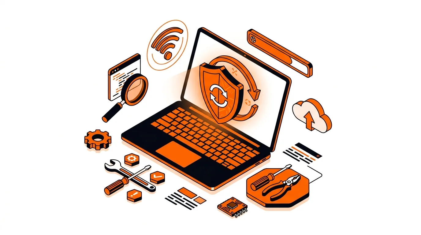 Isometric laptop with shield icon and update arrows for antivirus troubleshooting