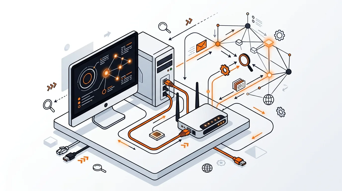 Isometric computer and router with highlighted network diagnostics icons