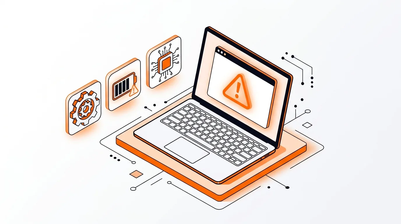 Isometric laptop with warning symbol, driver icons, and power settings elements