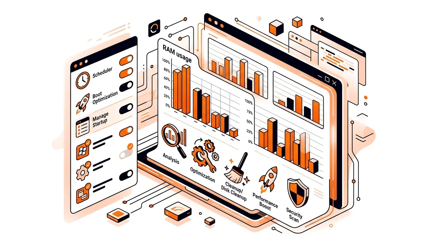 Isometric computer dashboard showing RAM usage and startup app cleanup