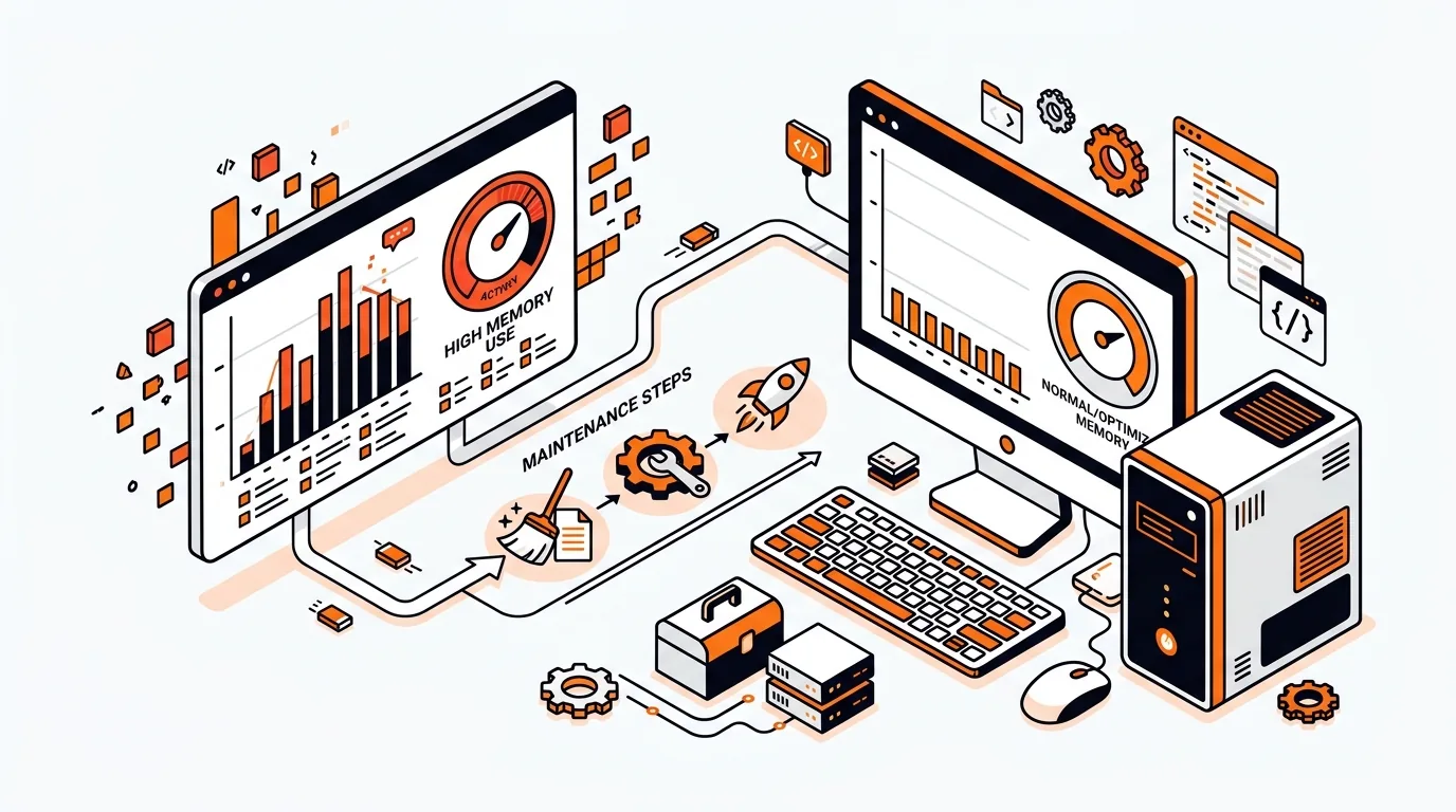 Isometric computer dashboard with memory usage indicators and maintenance tools