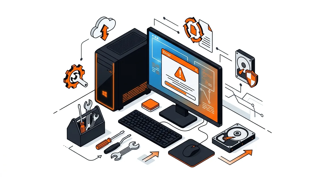 Isometric computer with warning screen, hard drive, and repair tools