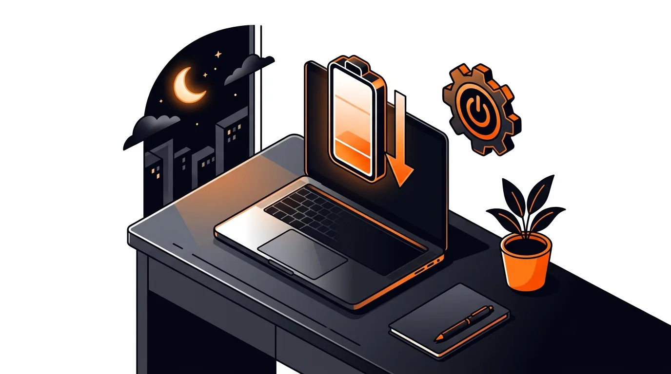 Closed laptop with a low battery icon and nighttime symbols on a desk