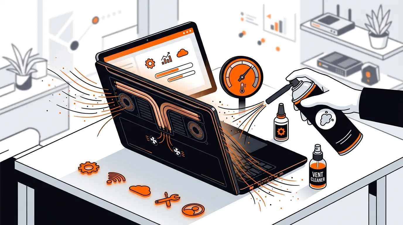 Isometric laptop with airflow from vents and cleaning tools nearby