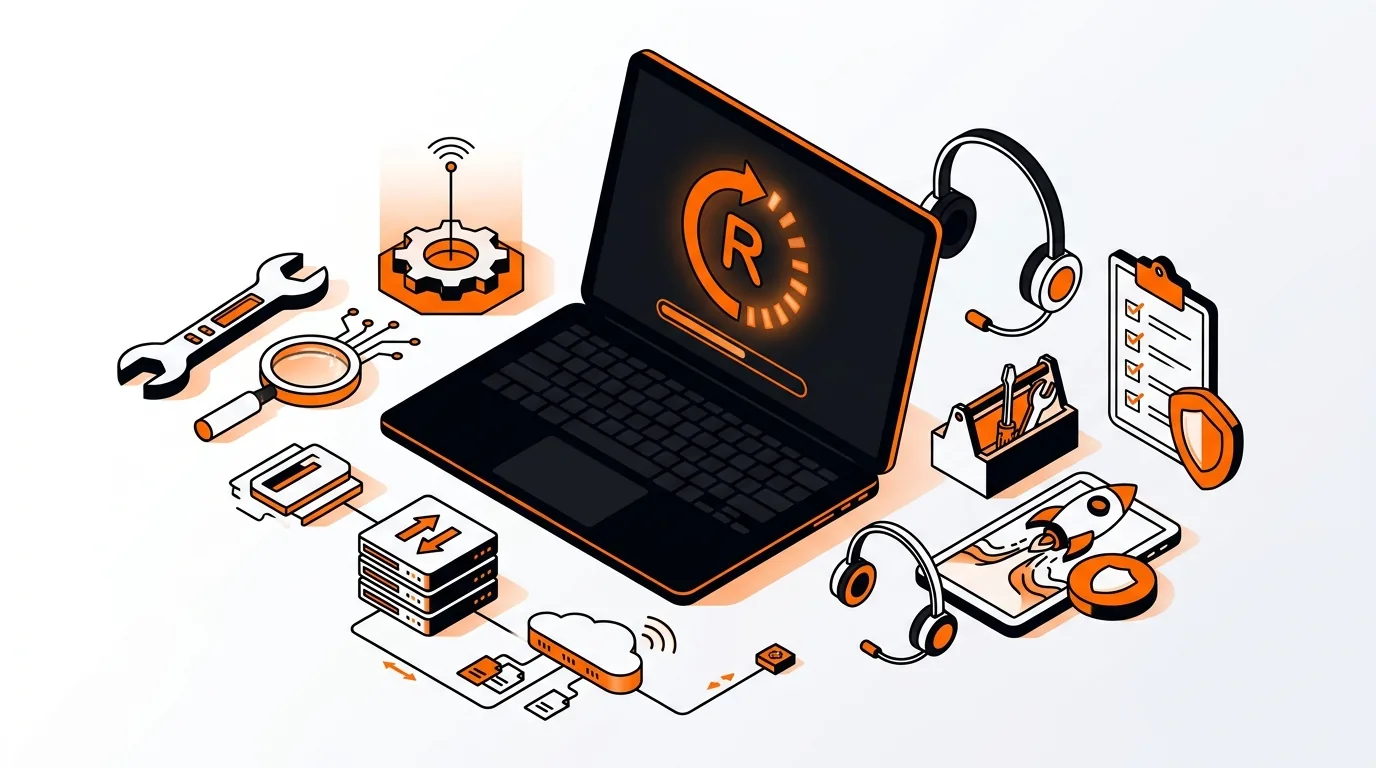 Isometric laptop with restart icon and troubleshooting tools
