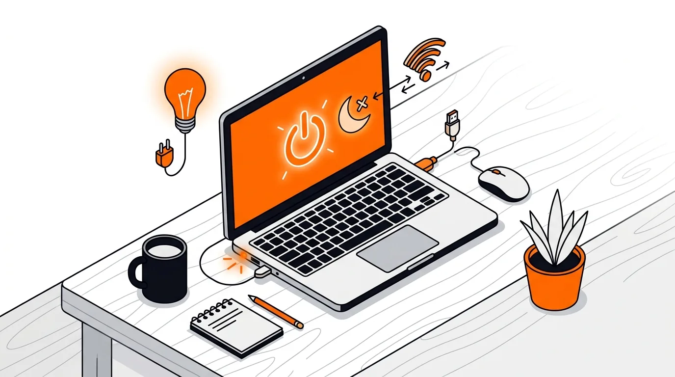 Isometric laptop waking from sleep with power and moon icons on a desk