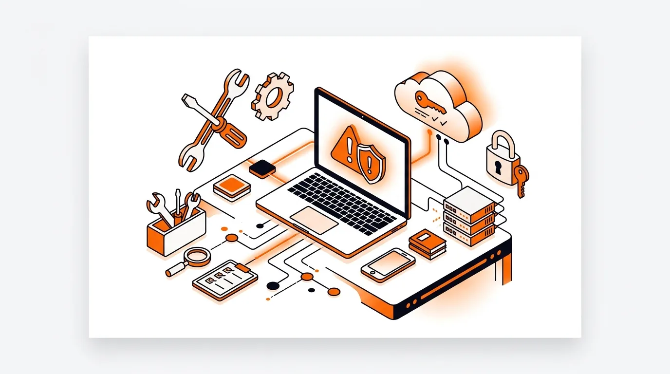 Isometric laptop with Microsoft 365 activation warning and support tools