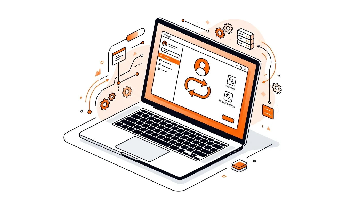 Laptop with looping sign-in arrows and account settings panels