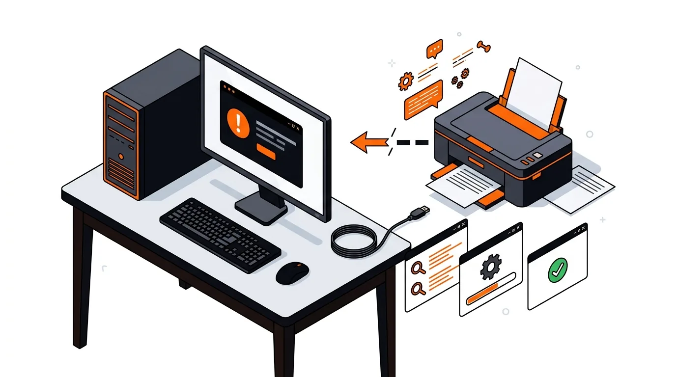 Isometric computer and printer with a driver warning and repair steps