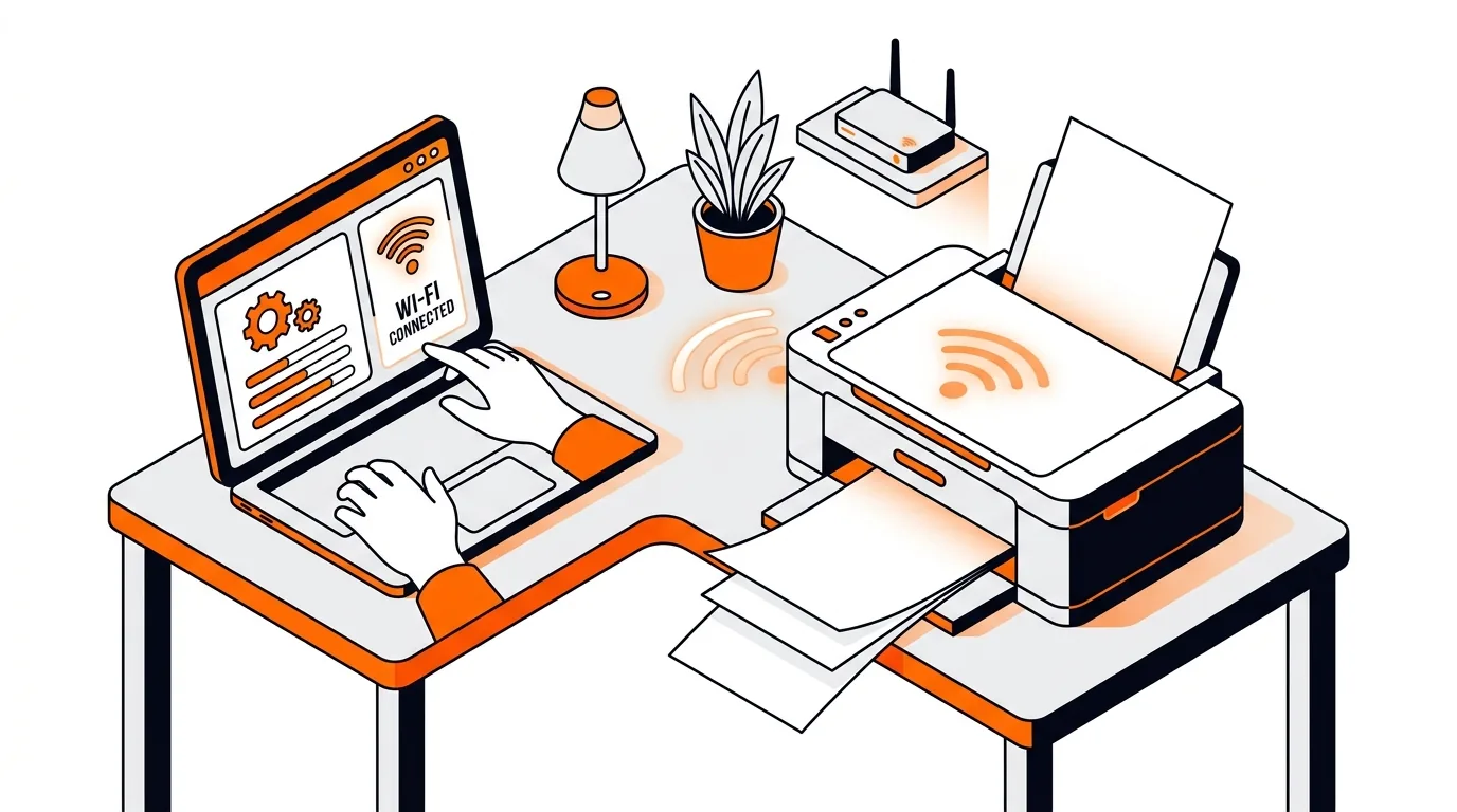 Isometric home printer connected to a laptop and outputting blank sheets