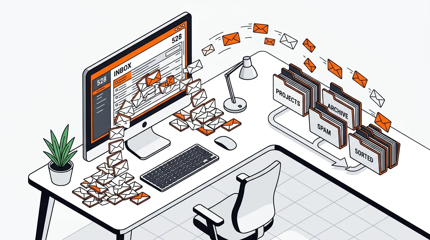 Isometric desktop inbox cleanup with folders and oversized email attachments