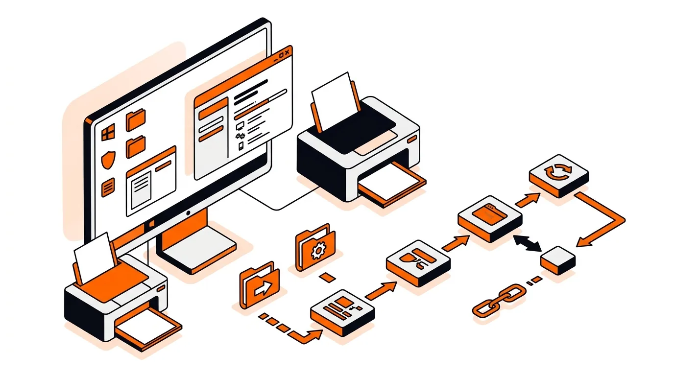 Isometric Windows PC and printer with driver cleanup icons