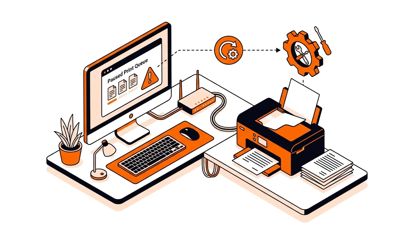 Illustration of a computer and printer with repair icons and a paused print queue
