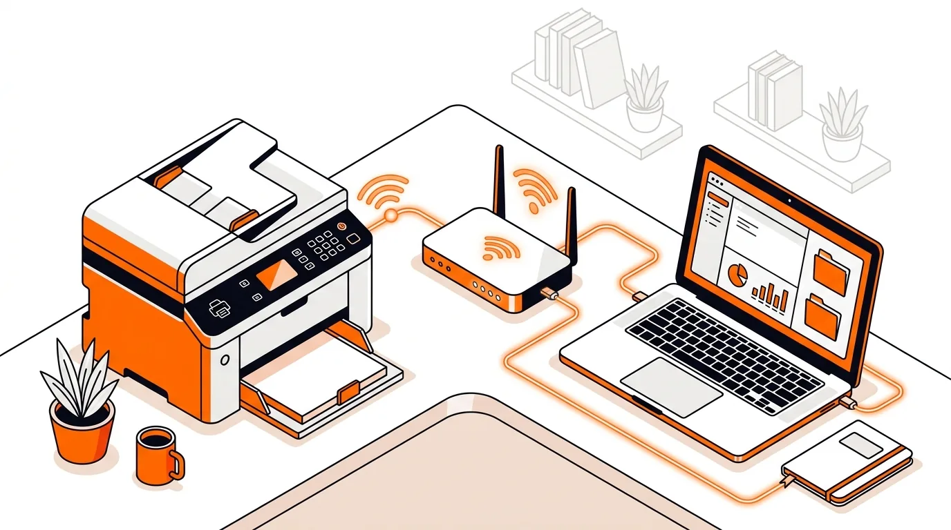 Wireless printer-scanner connected to a laptop and Wi-Fi router in a home office