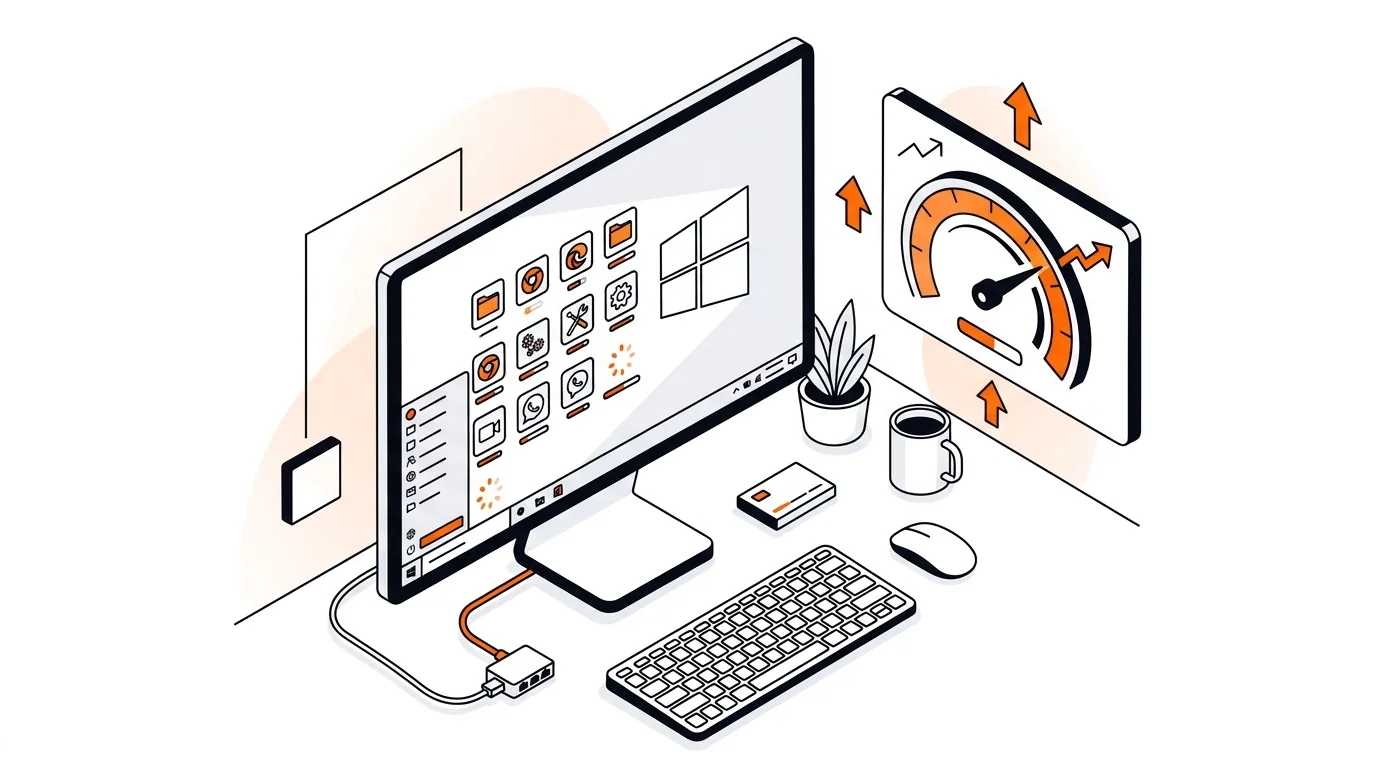 Isometric computer screen showing startup apps being reduced to improve boot speed