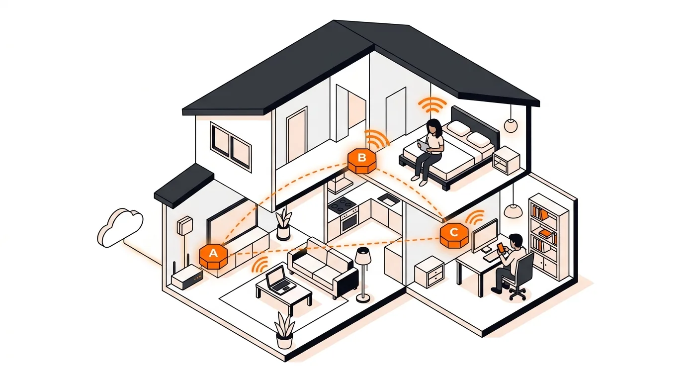 Isometric home mesh Wi-Fi nodes with phone and laptop connecting to nearest access point