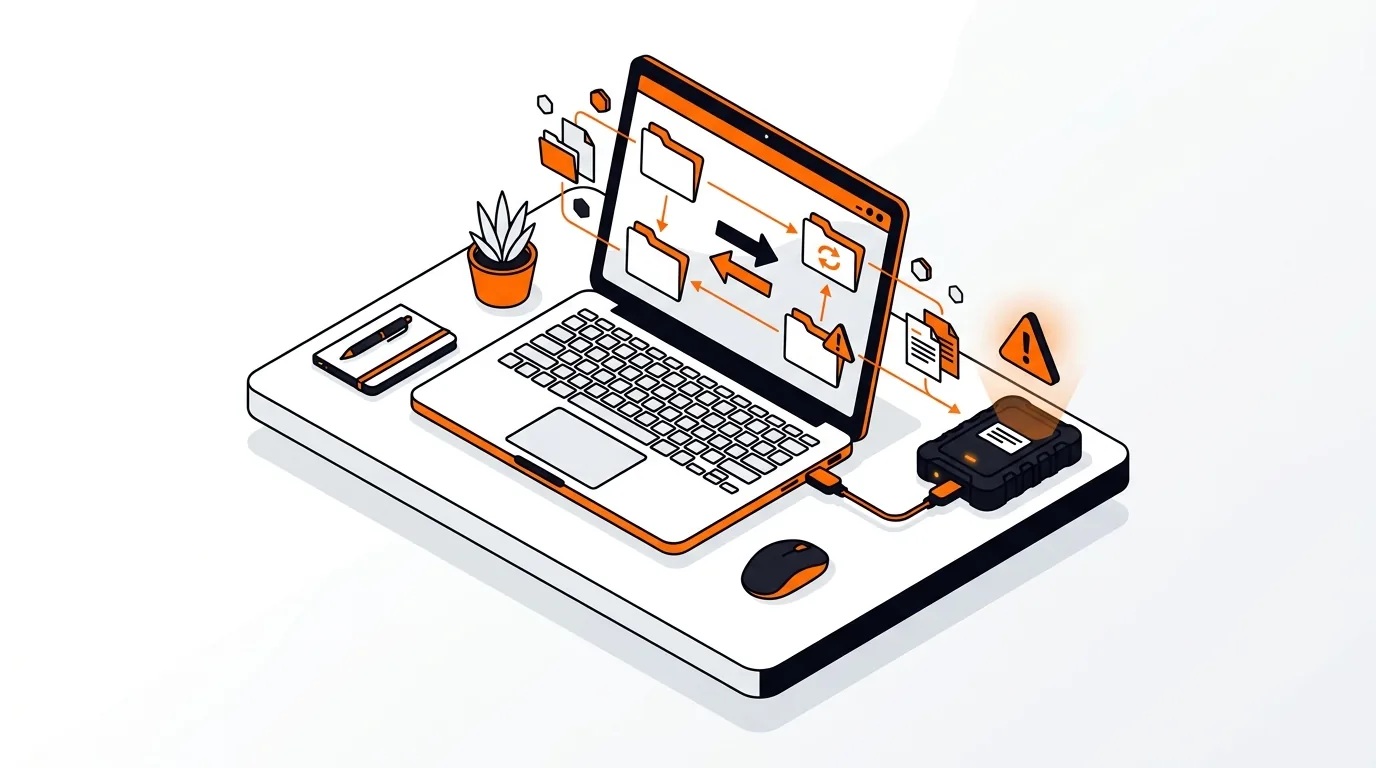 Isometric laptop with external backup drive and file sync symbols