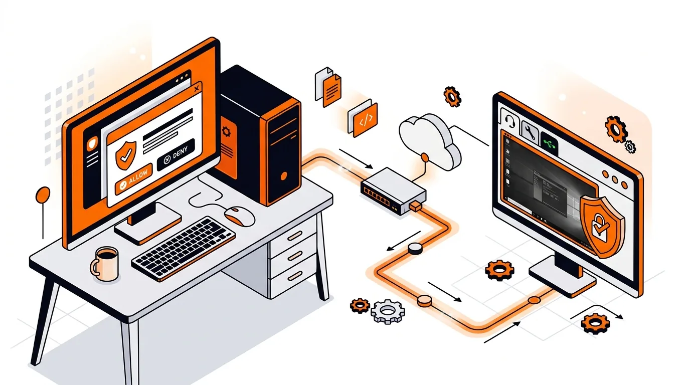 Isometric computer with remote technician connection and security permission pop-up
