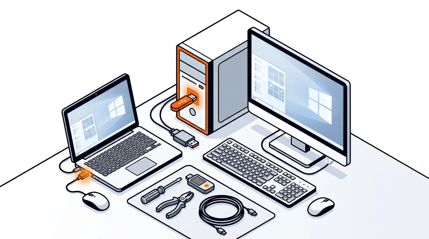 Isometric computer setup with USB ports, flash drive, mouse, and troubleshooting icons