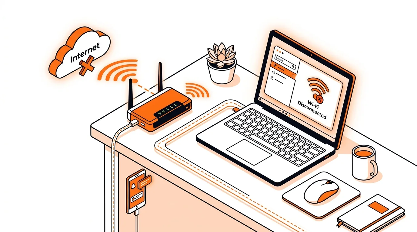 Isometric laptop linked to a Wi-Fi router with a broken internet connection icon