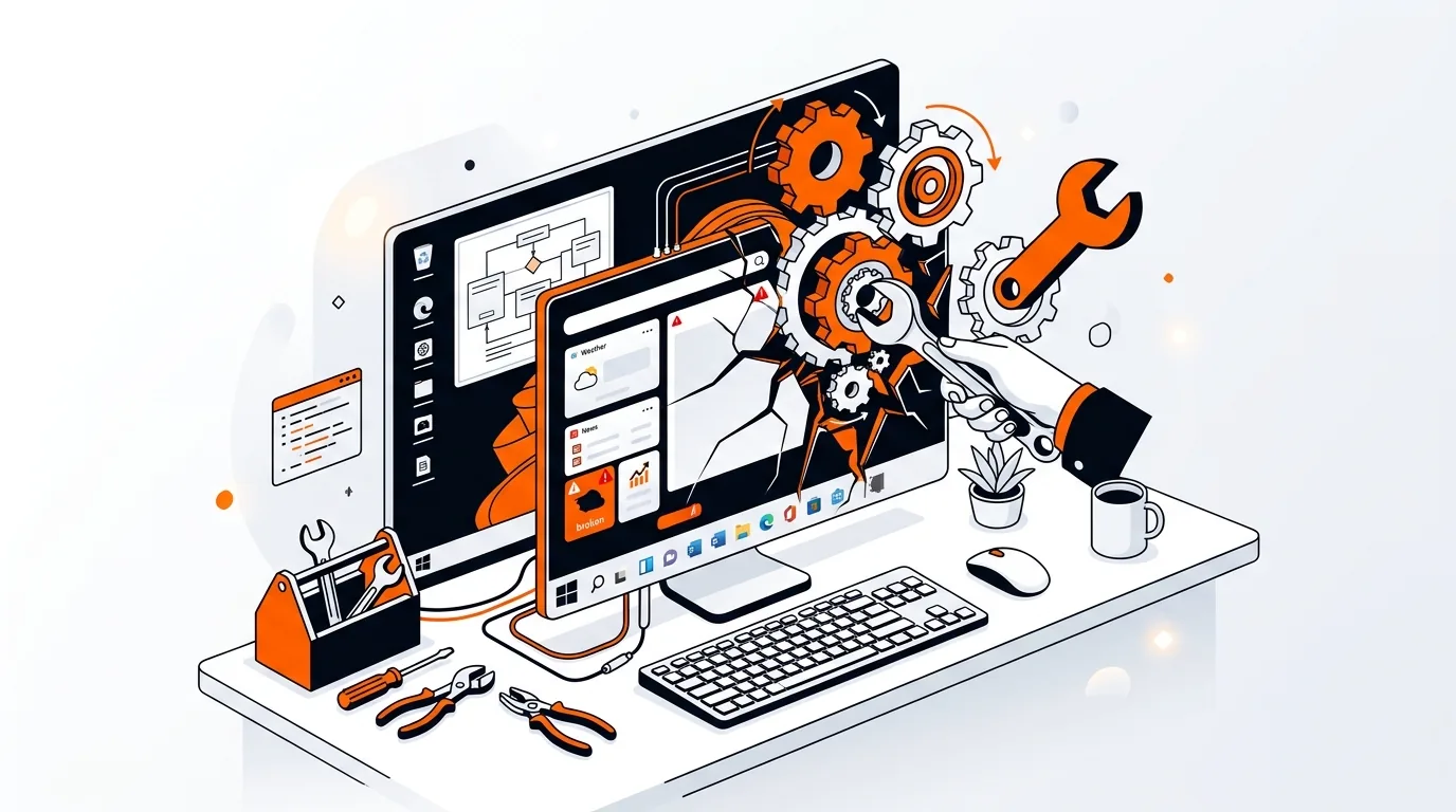 Illustration of a Windows 11 desktop with a widgets panel being repaired