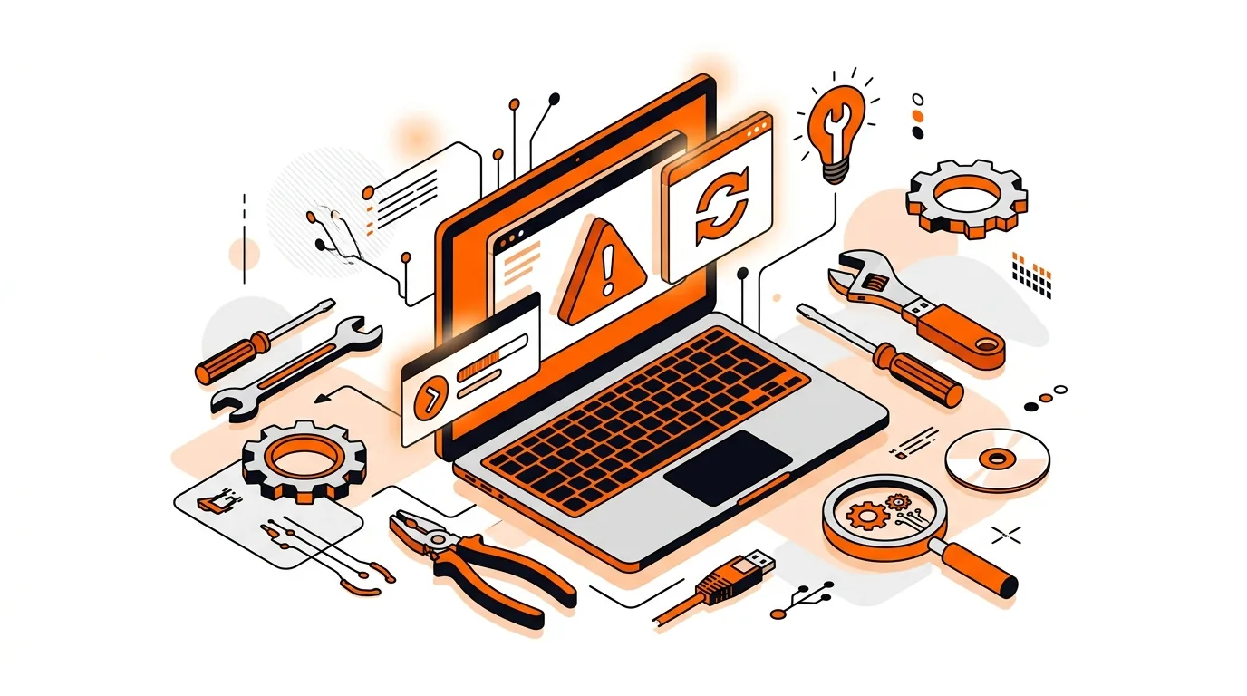 Isometric laptop with Windows update warning and repair tools