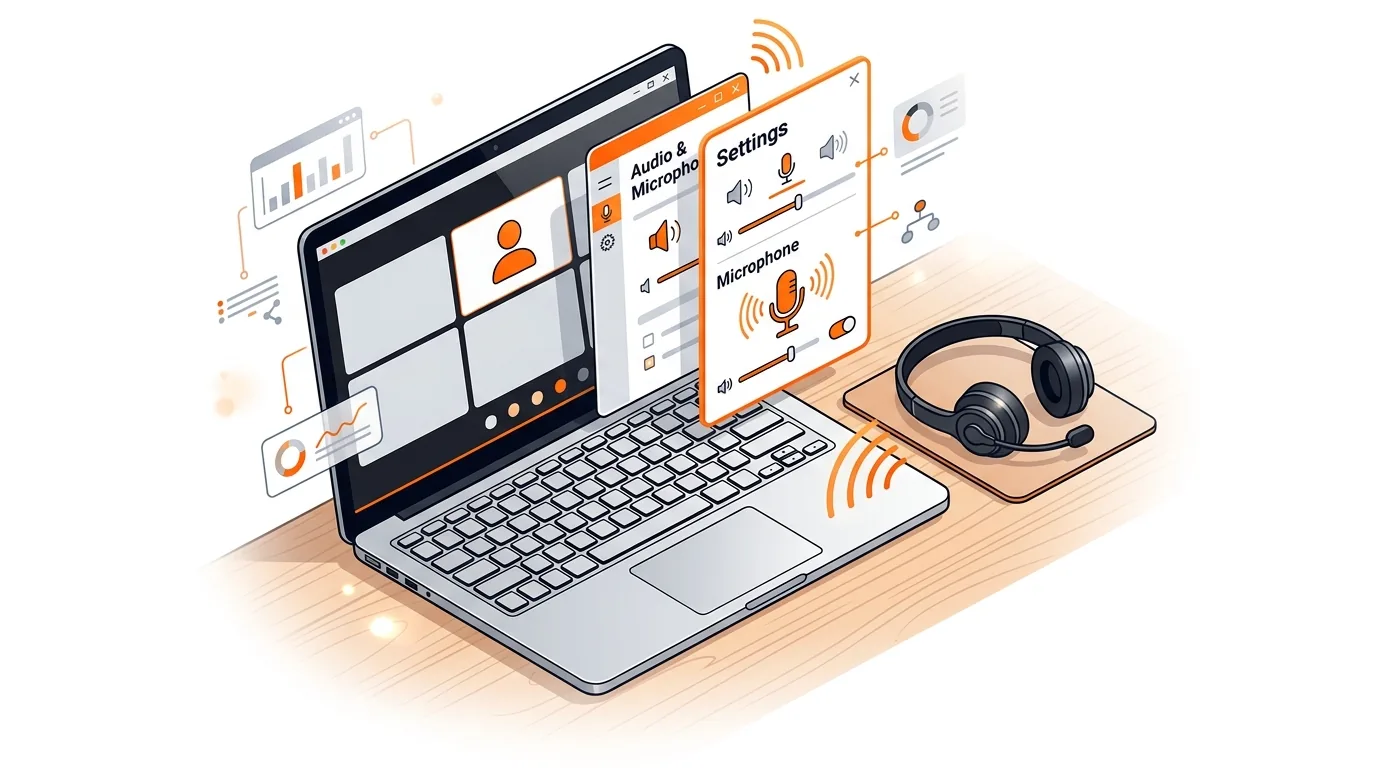 Isometric laptop with video meeting screen and highlighted microphone settings