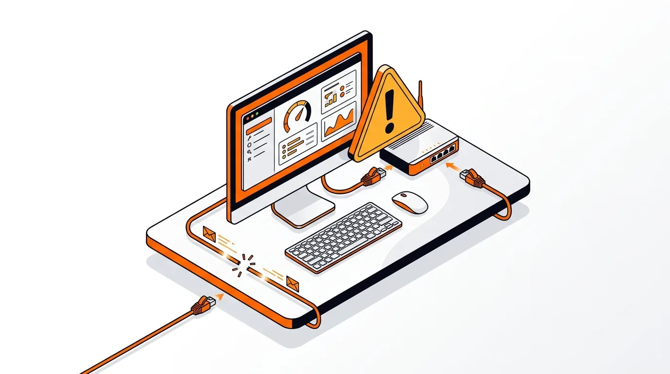 Desktop PC and router with Ethernet cable and intermittent connection indicator