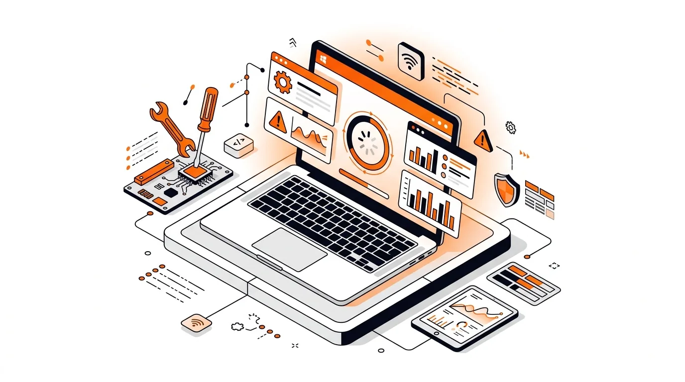 Isometric laptop with Windows update warning and repair tools