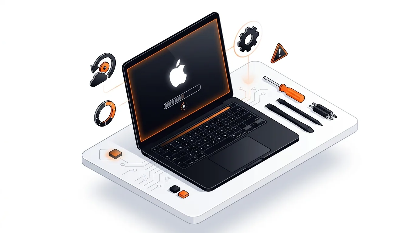 Isometric laptop with frozen startup screen and repair icons