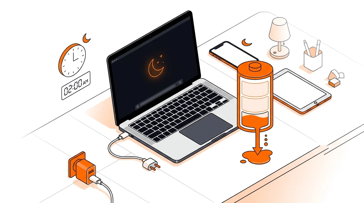 Isometric laptop with draining battery icon and sleep symbols overnight
