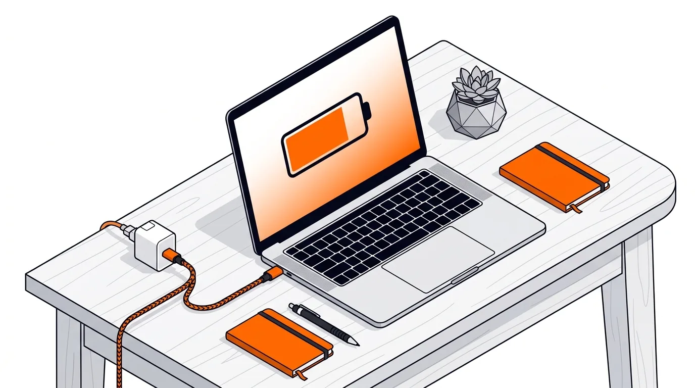 Isometric laptop with charger connected and battery paused at 80 percent