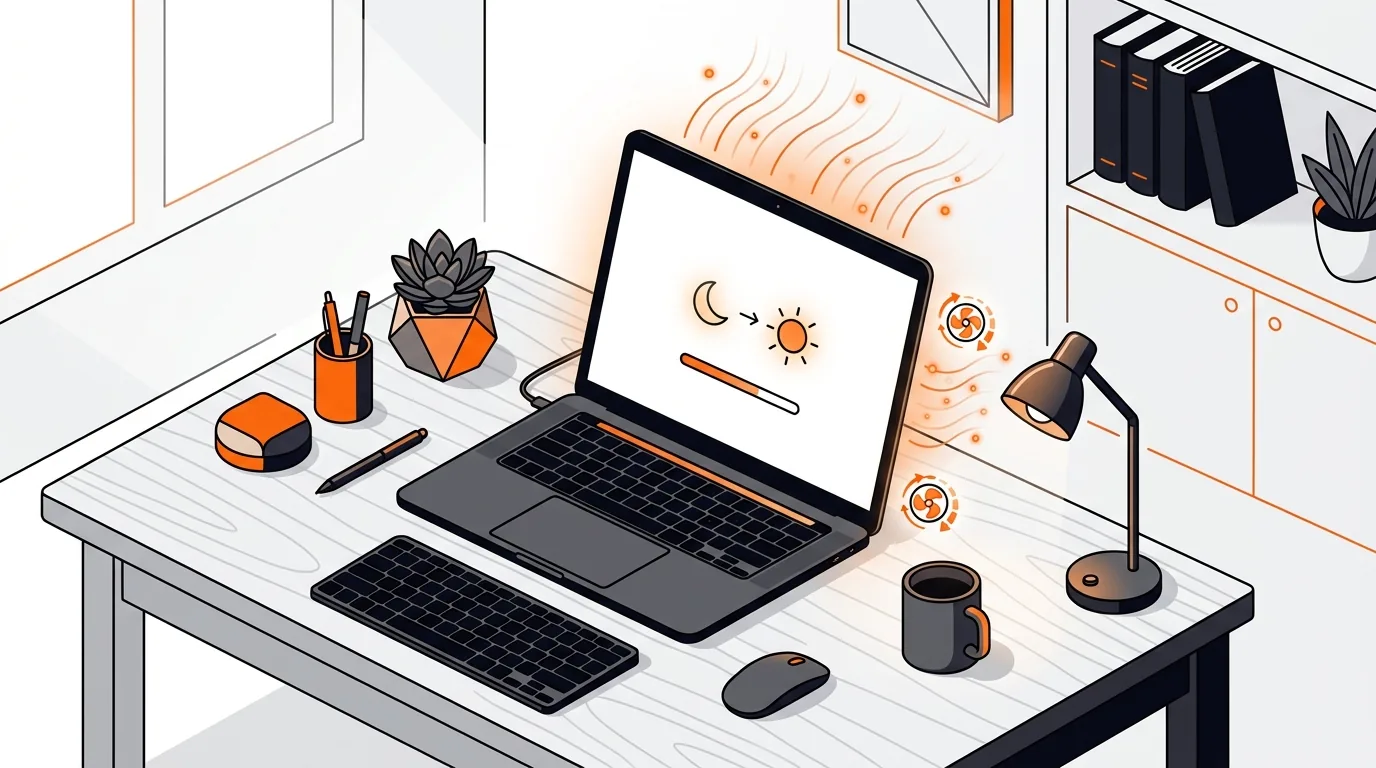Isometric laptop with heat waves and fan motion after waking from sleep