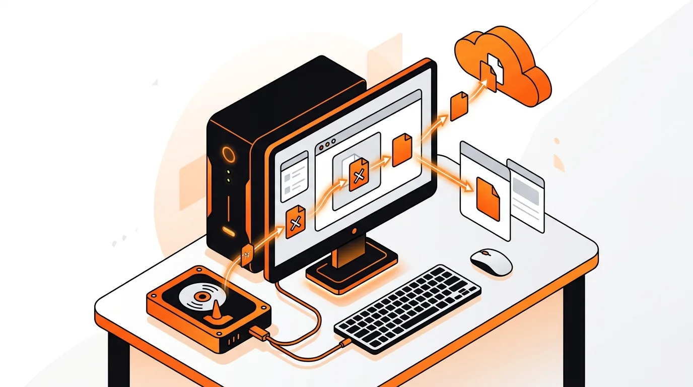 Isometric computer restoring deleted files from backup and archive sources