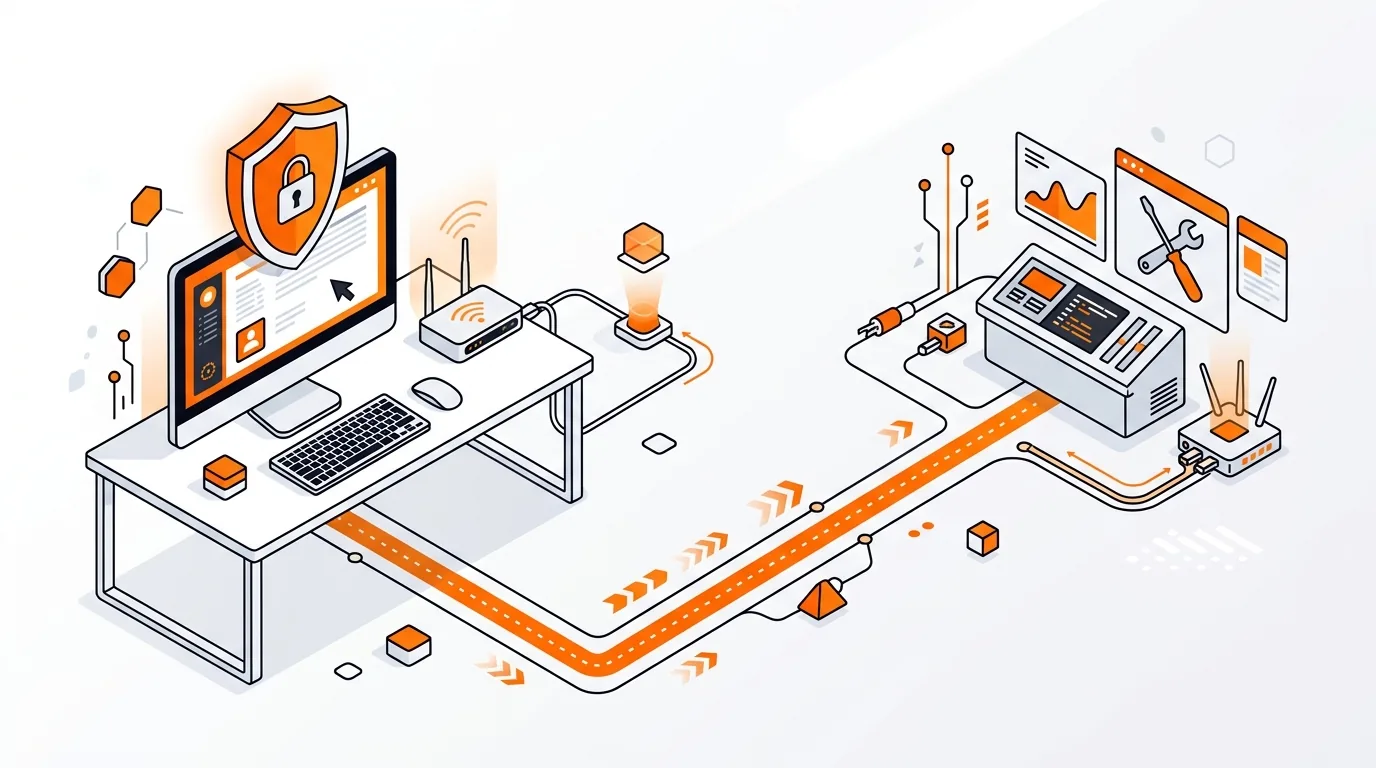 Isometric computer with shield, router, and remote support connection icons