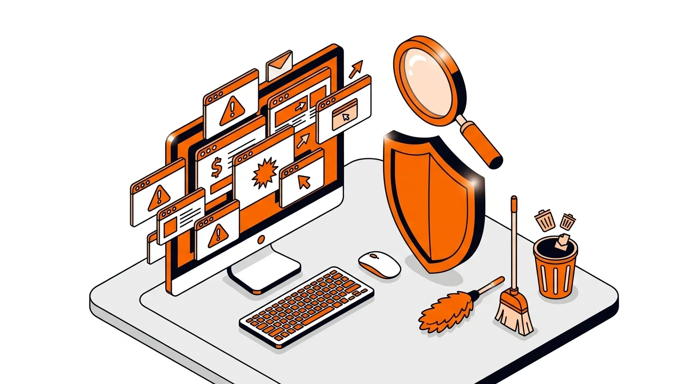 Computer screen with multiple browser tabs opening and security cleanup icons