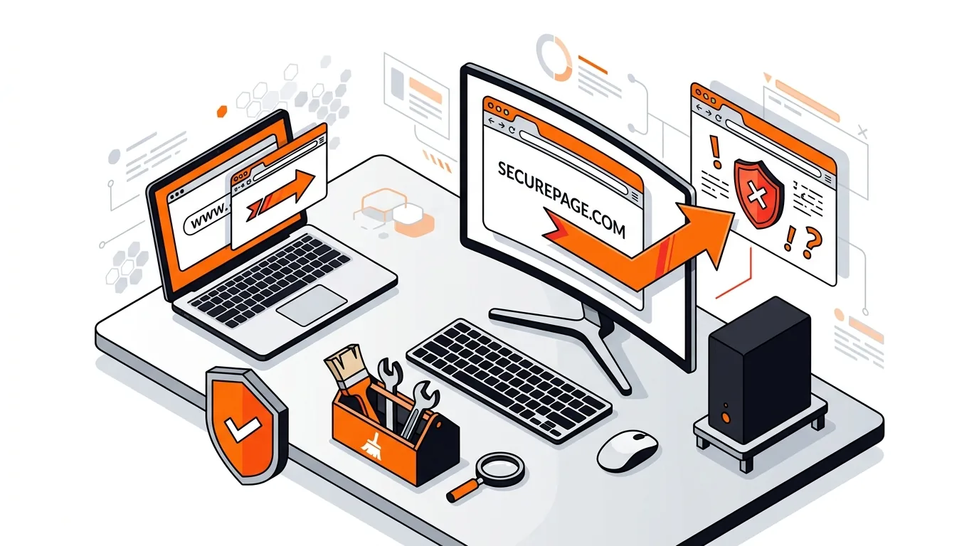 Isometric computer browser redirect cleanup with shield and tools